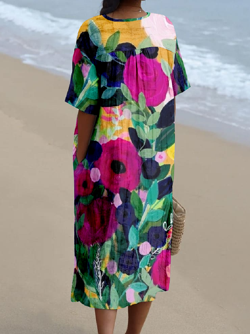 Women Psychedelic Art Summer Dress V Neck Short Sleeve O-Line Dress