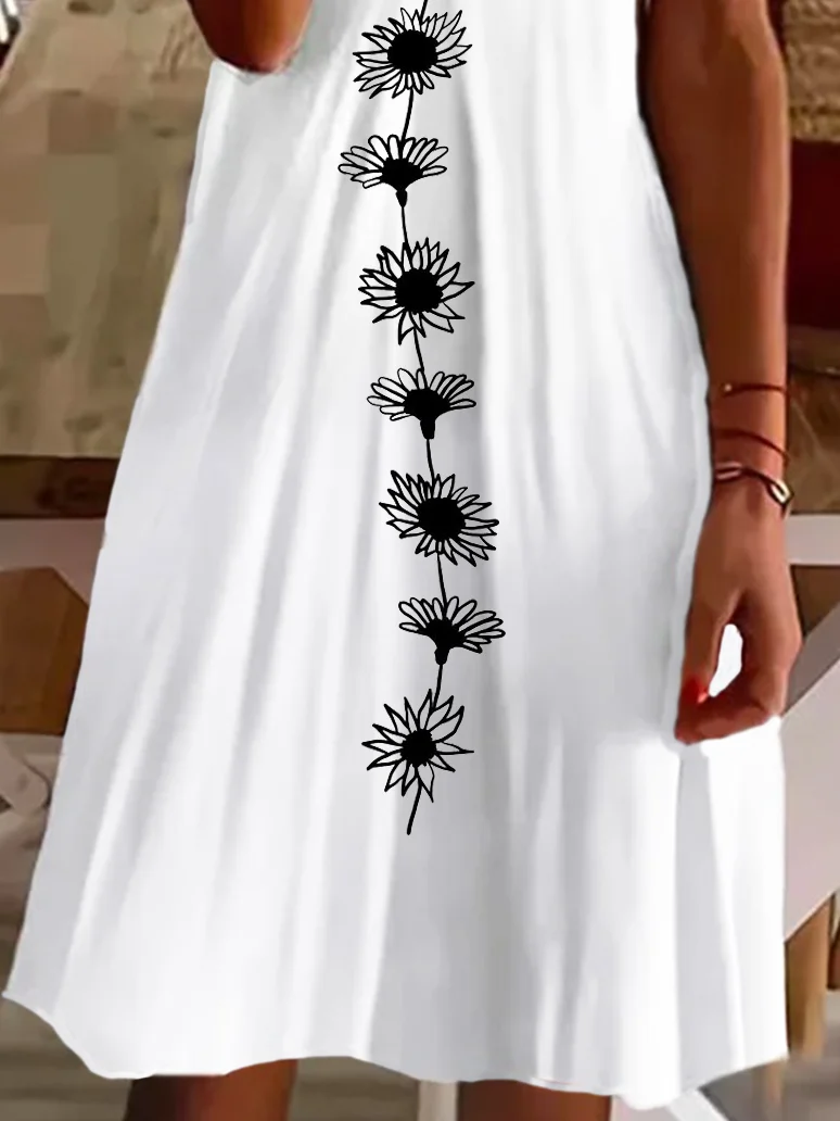 Women Sundress Floral V Neck Short Sleeve Comfy Casual Printing Knee Length Dress