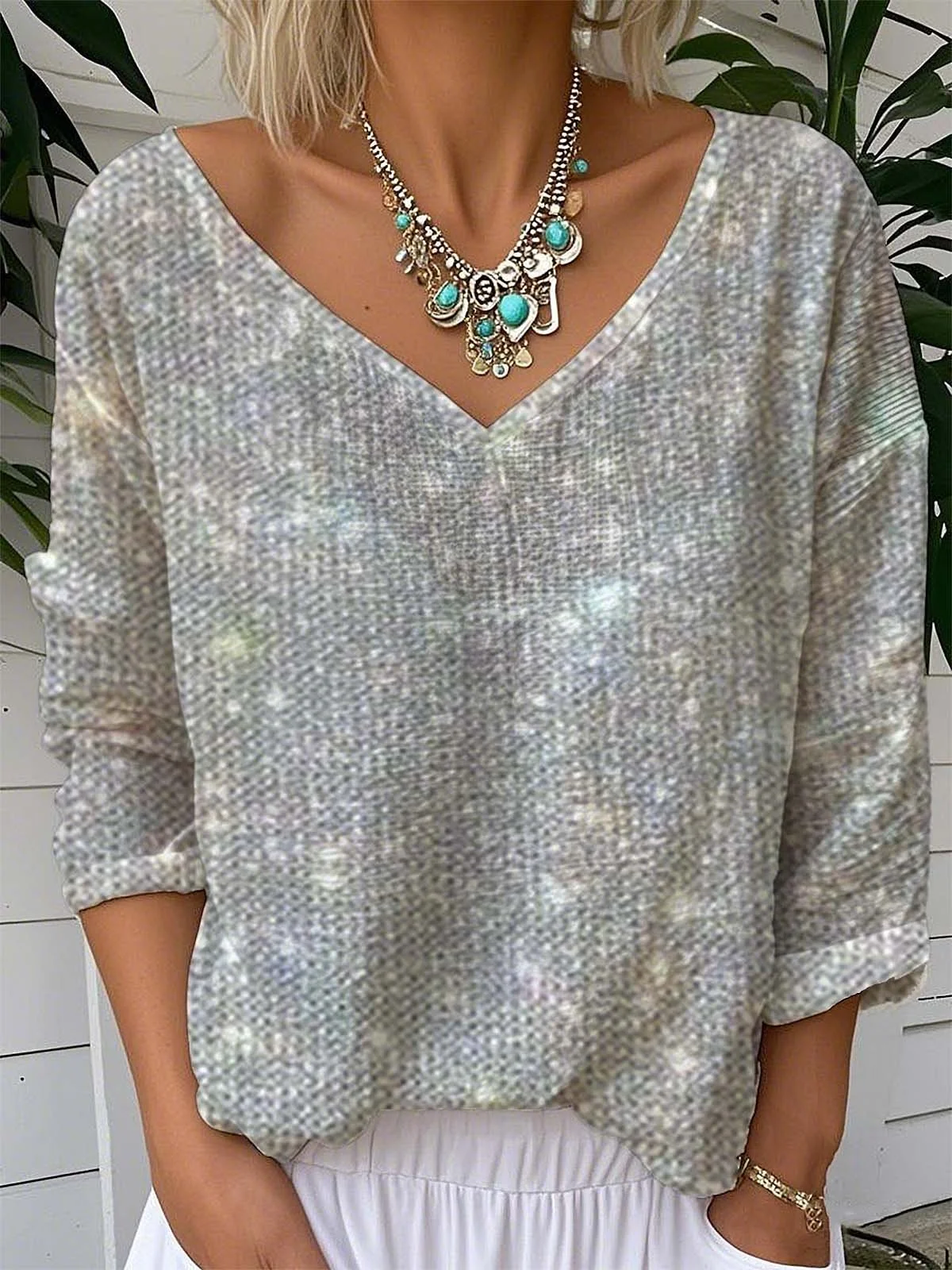 Vintage Sequin Pattern Plain V Neck Long Sleeve T-shirt