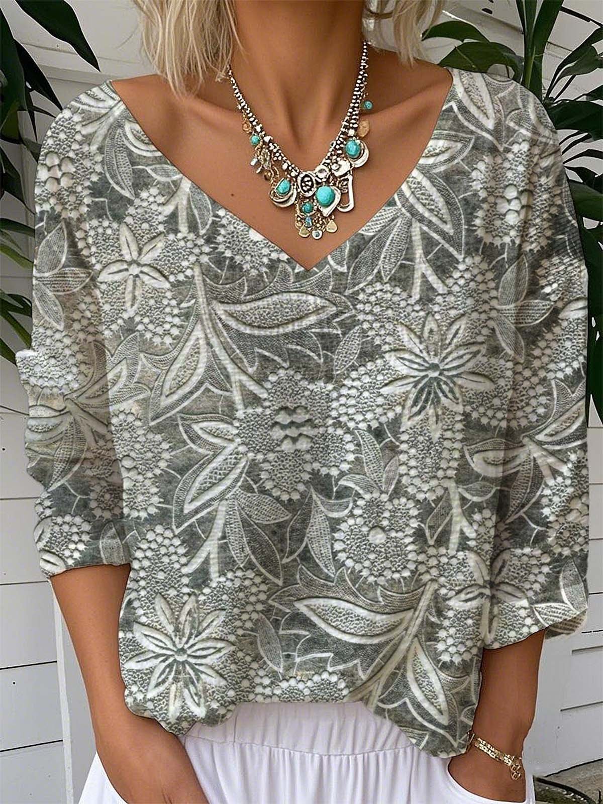 Vintage Sequin Pattern V Neck Long Sleeve T-shirt