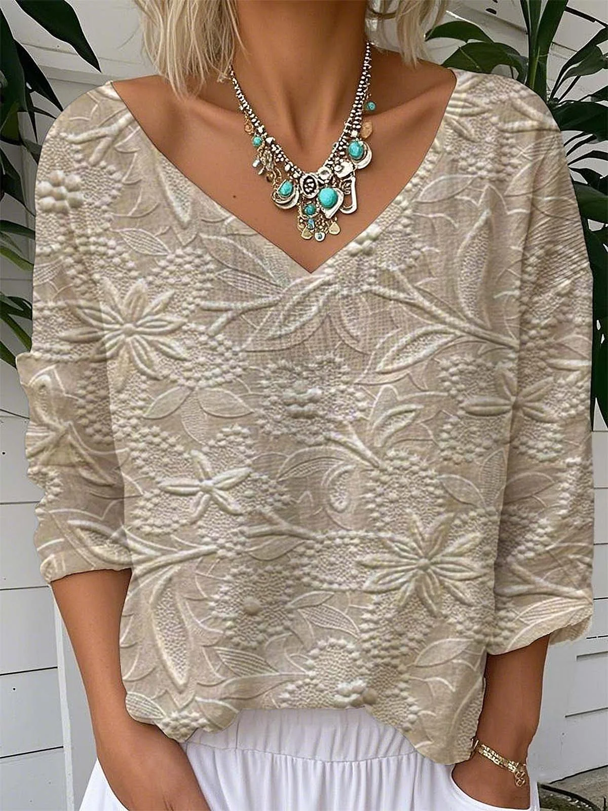 Vintage Sequin Pattern V Neck Long Sleeve T-shirt