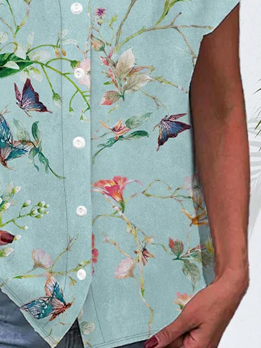 V Neck Short Sleeve Floral Printing Micro-Elasticity Regular Fit Button Up Shirt Shirt For Women