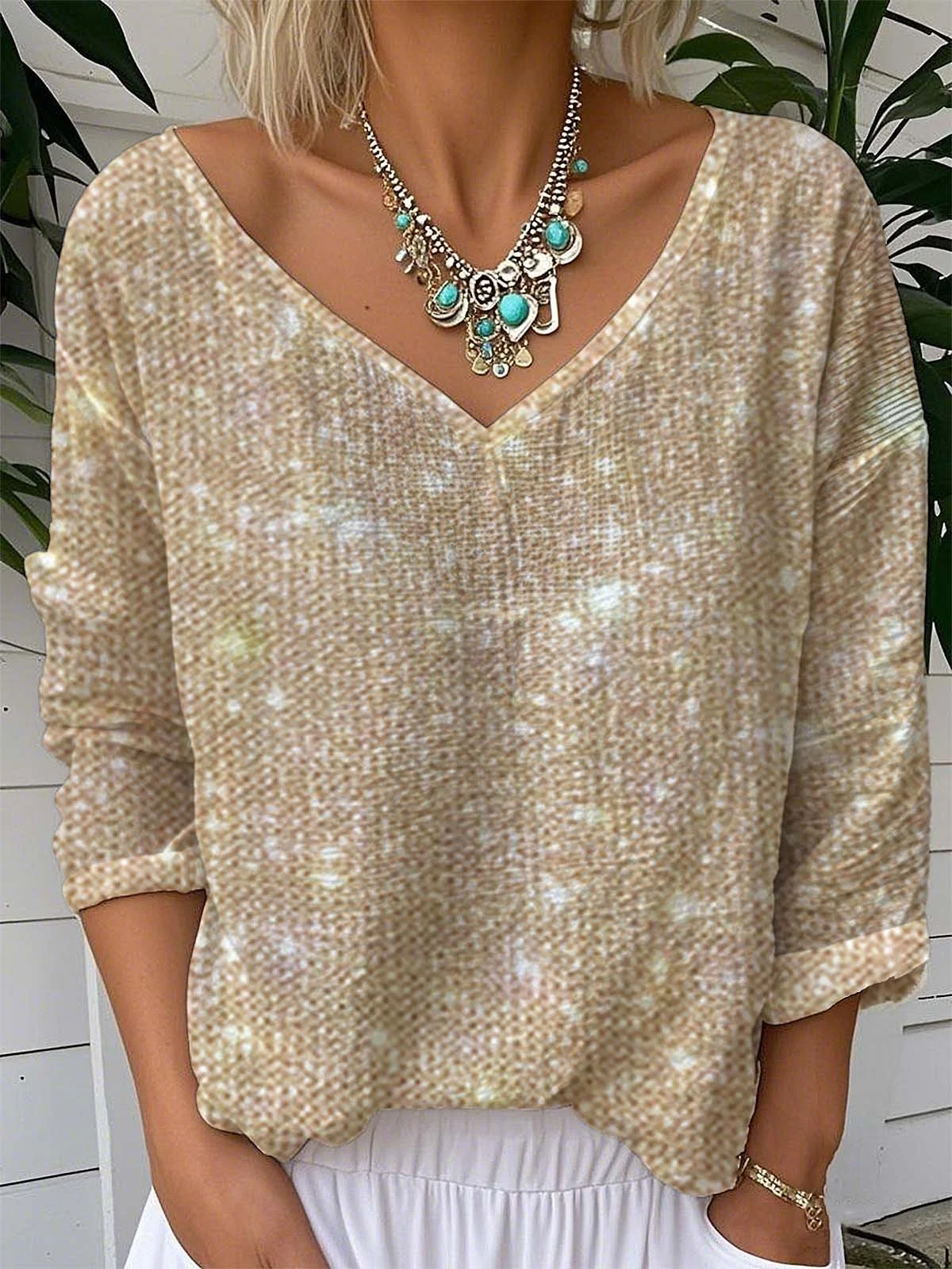 Vintage Sequin Pattern Plain V Neck Long Sleeve T-shirt