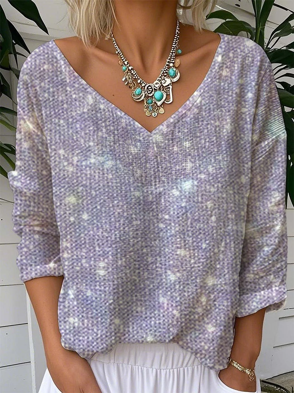 Vintage Sequin Pattern Plain V Neck Long Sleeve T-shirt