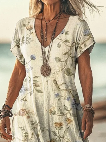 Women Vintage Floral Art Print Short Sleeve Comfy Casual Maxi Dress