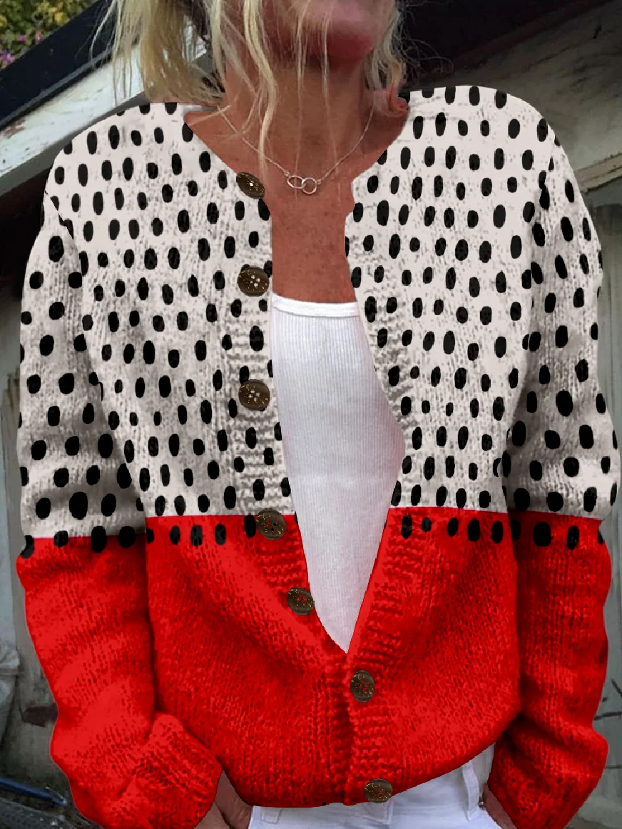 Women Knitted Polka Dots Long Sleeve Comfy Vintage Cardigan