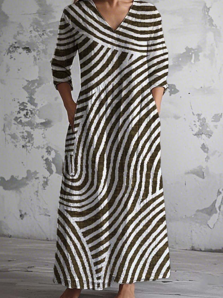 Women Striped V Neck Long Sleeve Comfy Vintage Maxi Dress