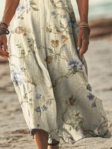 Women Vintage Floral Art Print Short Sleeve Comfy Casual Maxi Dress