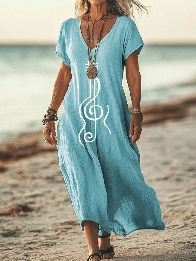 Women Music V Neck Short Sleeve Comfy Casual Printing Maxi Dress