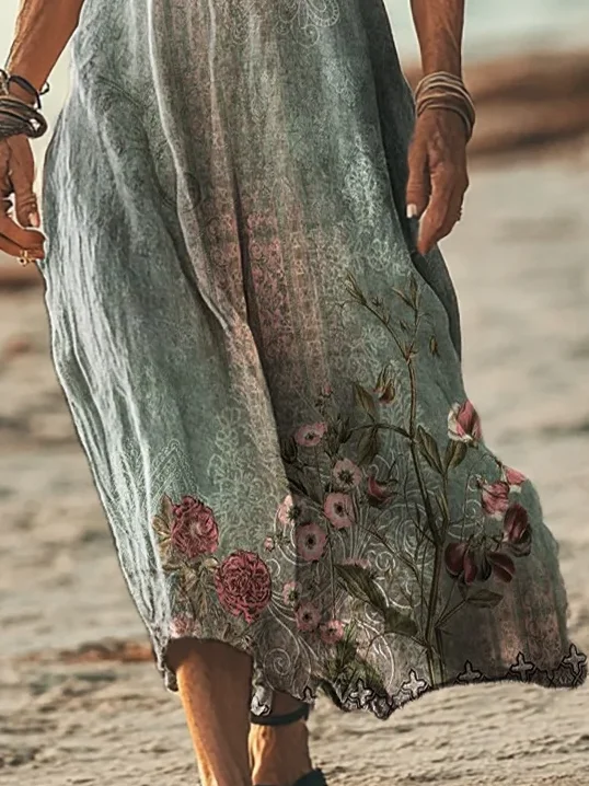 Women Vintage Floral V Neck Short Sleeve Comfy Casual Printing Maxi Dress