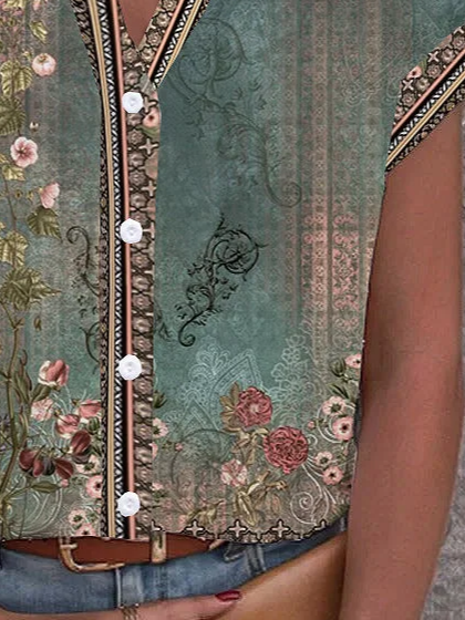 V Neck Short Sleeve Floral Printing Regular Micro-Elasticity Regular Fit Button Up Shirt Shirt For Women