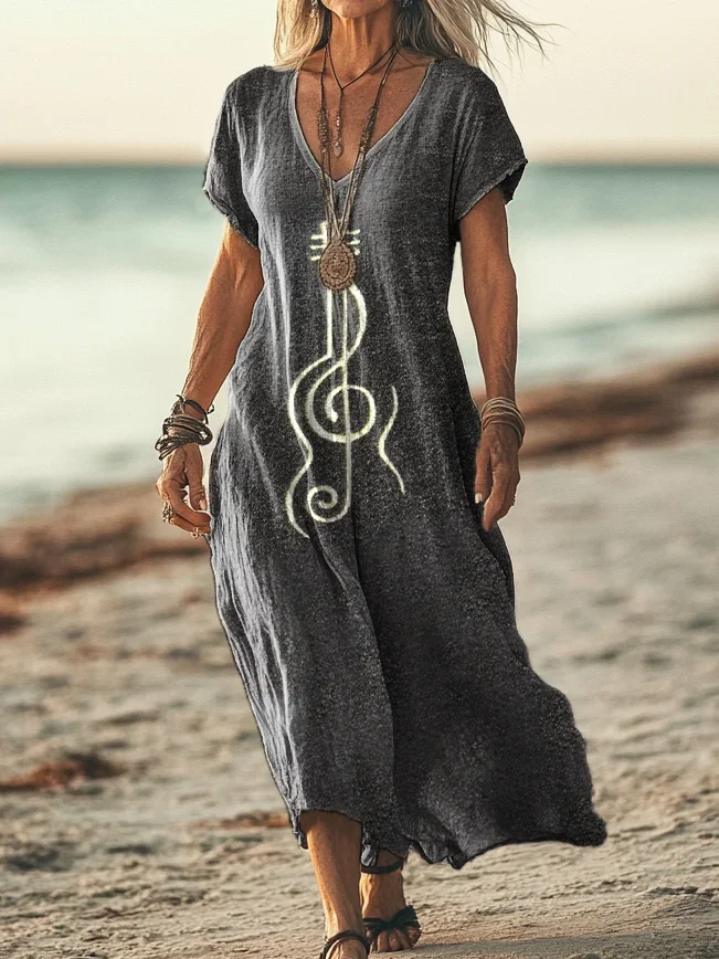 Women Music V Neck Short Sleeve Comfy Casual Printing Maxi Dress