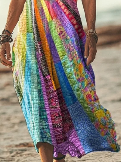 Women Vacation Colorful Sun Collage Art Print Short Sleeve Comfy Casual Maxi Dress