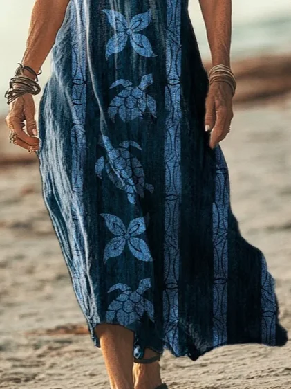 Women Vacation Marine Life V Neck Short Sleeve Comfy Casual Printing Maxi Dress