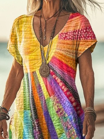 Women Vacation Colorful Sun Collage Art Print Short Sleeve Comfy Casual Maxi Dress