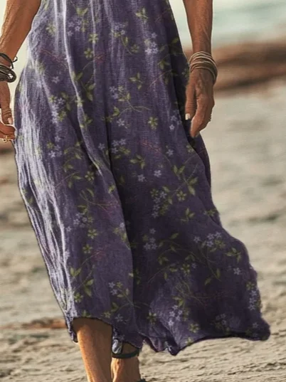 Women Vintage Floral V Neck Short Sleeve Comfy Casual Printing Maxi Dress