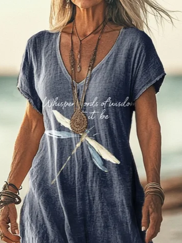 Women Dragonfly Art Print V Neck Short Sleeve Comfy Casual Printing Maxi Dress