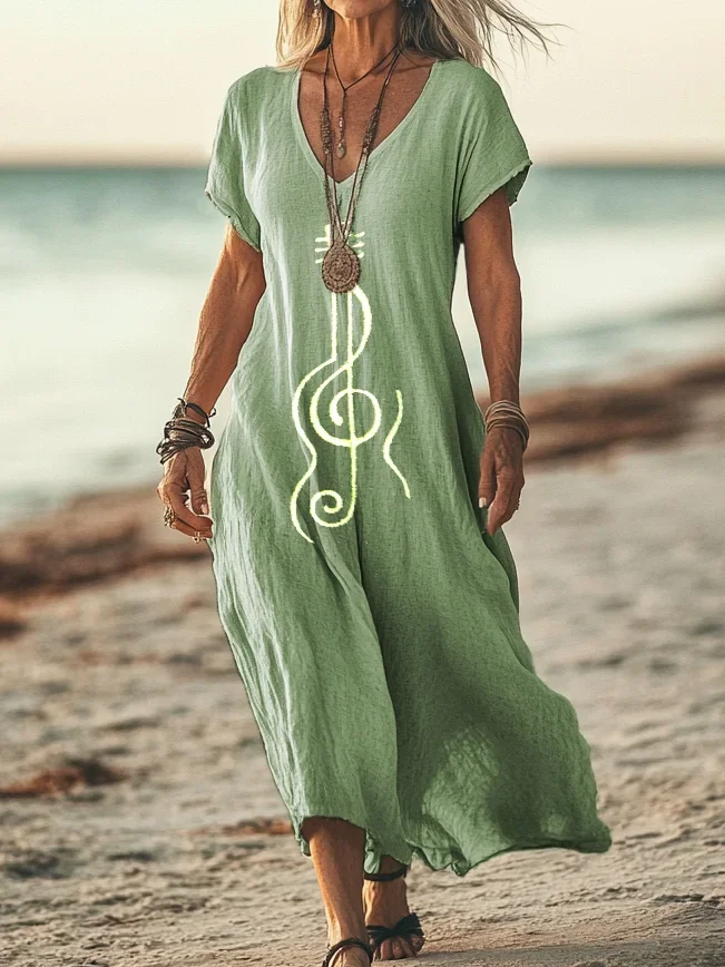 Women Music V Neck Short Sleeve Comfy Casual Printing Maxi Dress