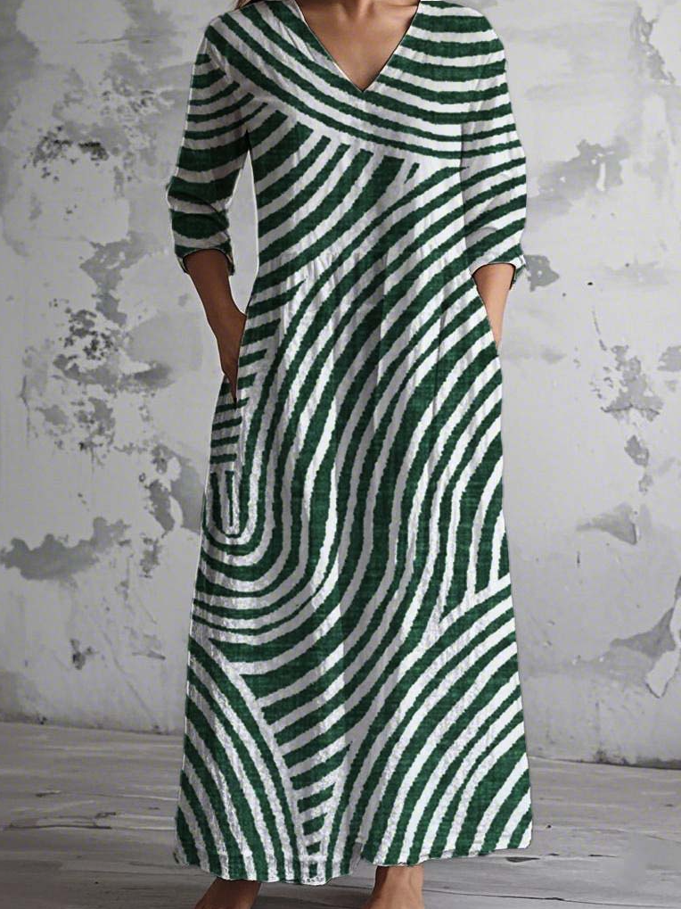 Women Striped V Neck Long Sleeve Comfy Vintage Maxi Dress
