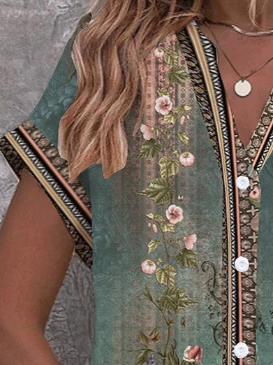 V Neck Short Sleeve Floral Printing Regular Micro-Elasticity Regular Fit Button Up Shirt Shirt For Women