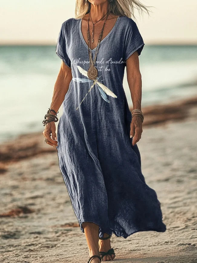 Women Dragonfly Art Print V Neck Short Sleeve Comfy Casual Printing Maxi Dress