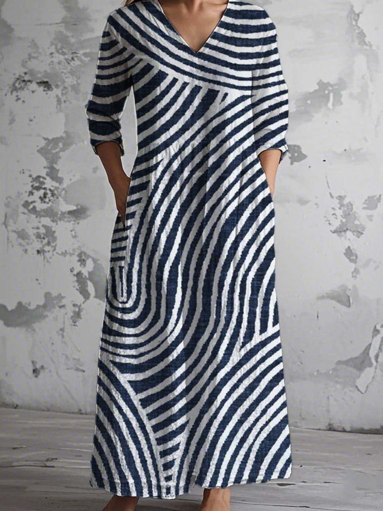 Women Striped V Neck Long Sleeve Comfy Vintage Maxi Dress