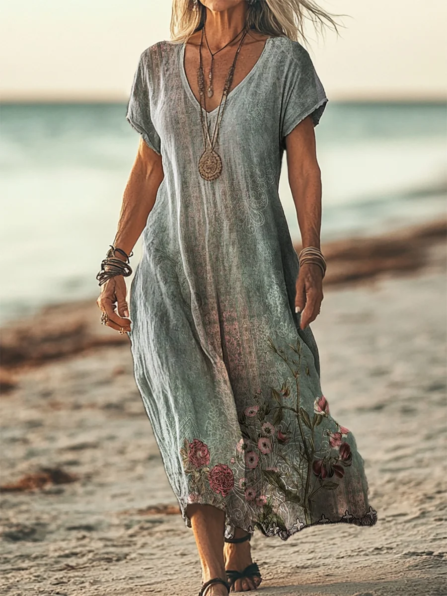 Women Vintage Floral V Neck Short Sleeve Comfy Casual Printing Maxi Dress