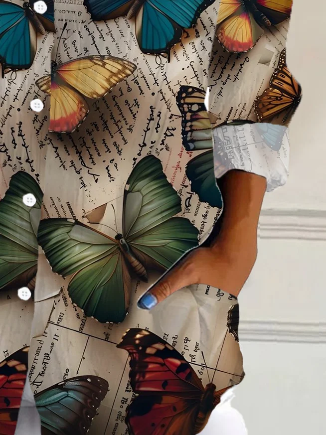 Shirt Collar Long Sleeve Butterfly Buckle Regular Loose Button Up Shirt Shirt For Women