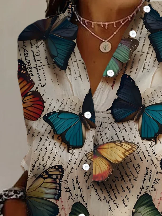 Shirt Collar Long Sleeve Butterfly Buckle Regular Loose Button Up Shirt Shirt For Women