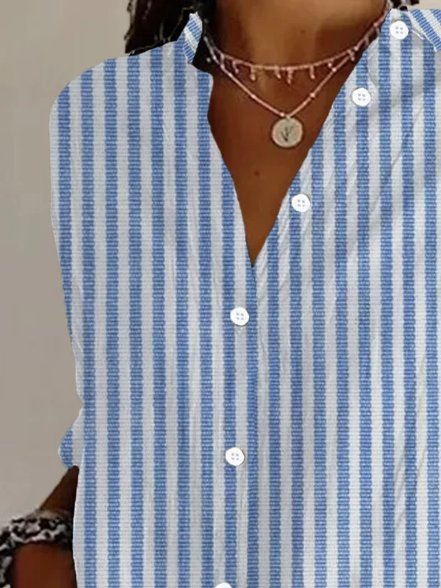 Shirt Collar Long Sleeve Striped Buckle Regular Loose Button Up Shirt Shirt For Women