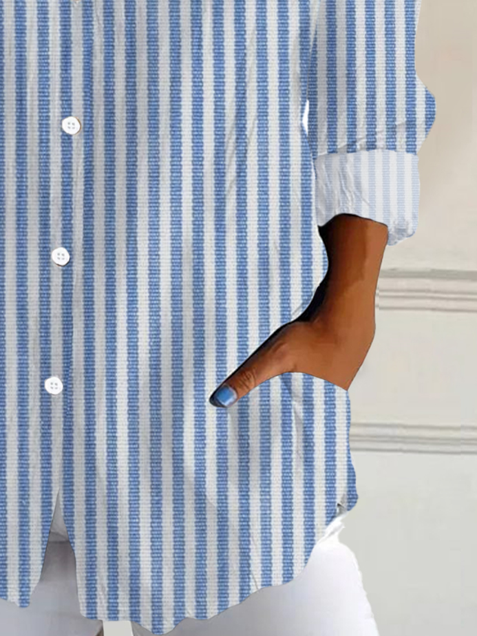 Shirt Collar Long Sleeve Striped Buckle Regular Loose Button Up Shirt Shirt For Women