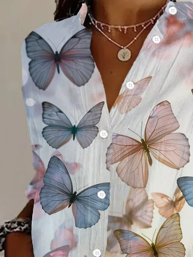 Shirt Collar Long Sleeve Butterfly Buckle Regular Loose Button Up Shirt Shirt For Women