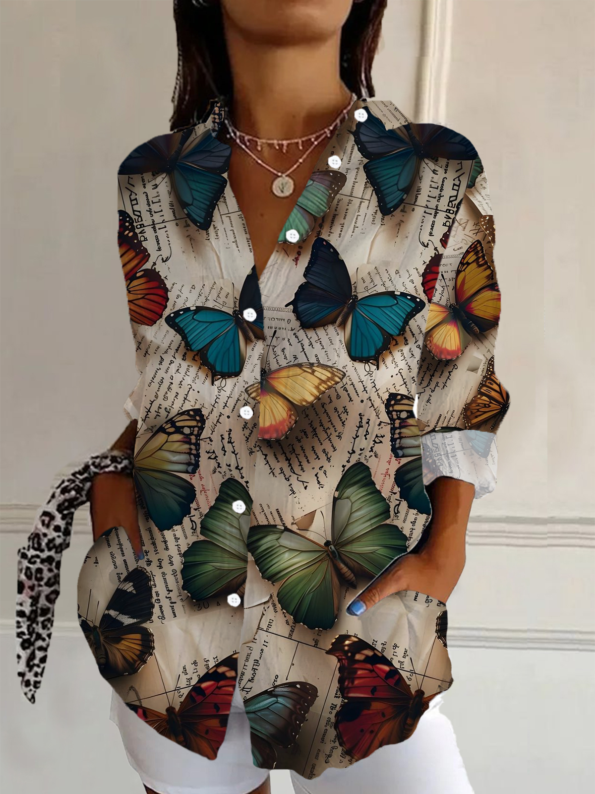 Shirt Collar Long Sleeve Butterfly Buckle Regular Loose Button Up Shirt Shirt For Women