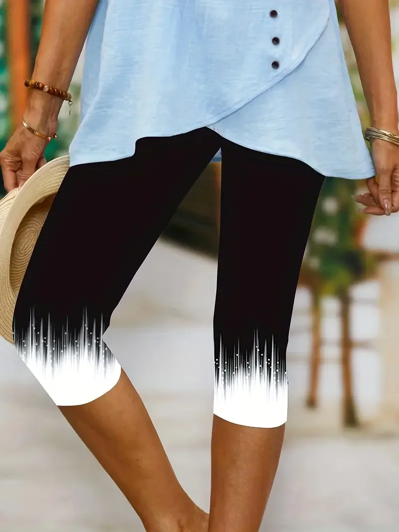 Casual Ombre Capris Elastic Waist Printing Leggings