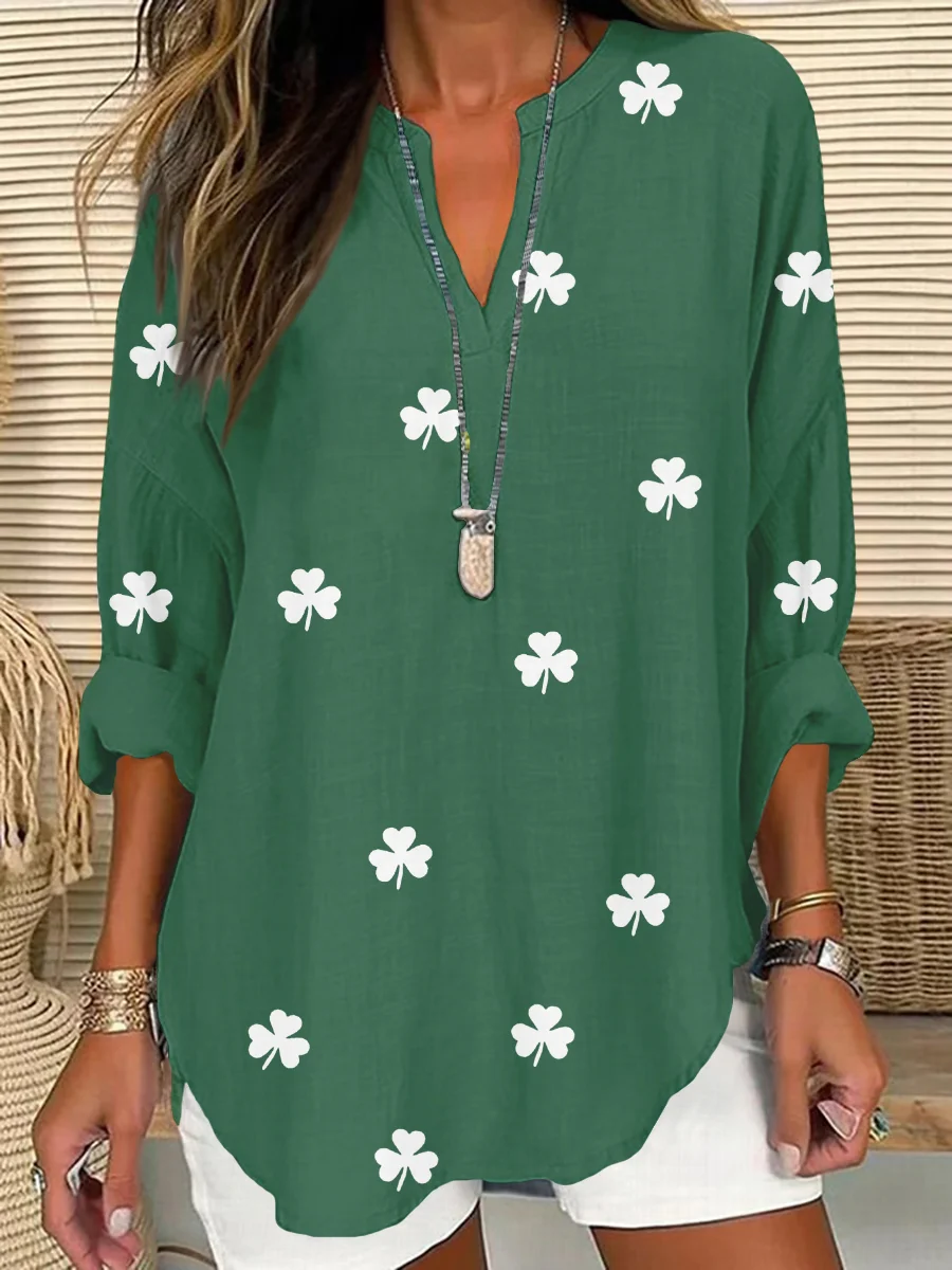 St. Patrick's Day V Neck Long Sleeve Shamrock Regular Loose Shirt For Women