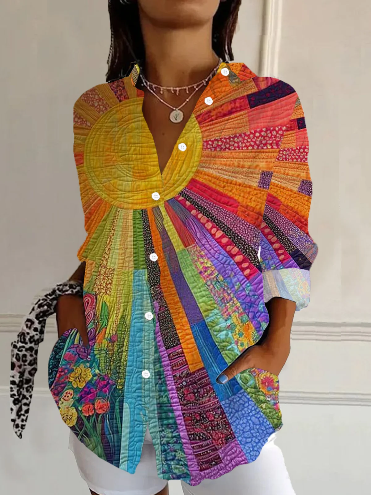 Long Sleeve Colorful Sun Collage Art Print Loose Button Up Shirt For Women