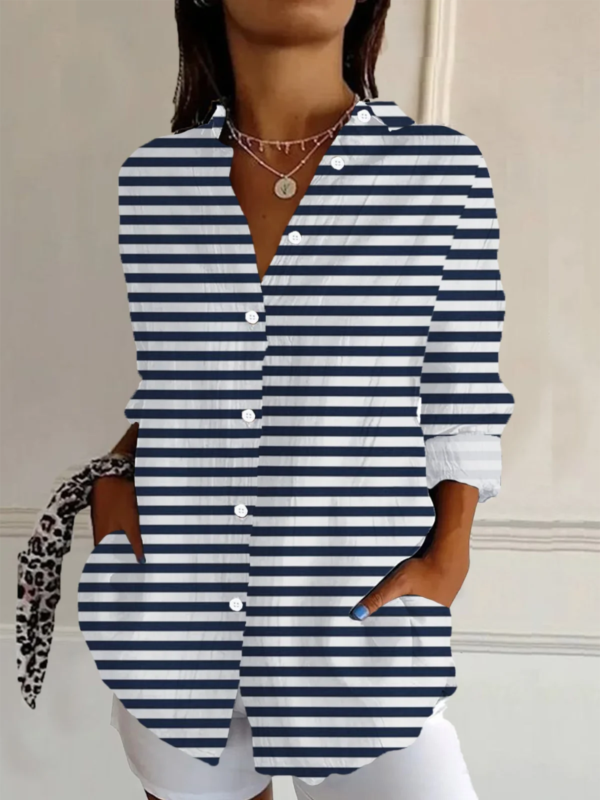 Shirt Collar Long Sleeve Striped Buckle Regular Loose Button Up Shirt Shirt For Women