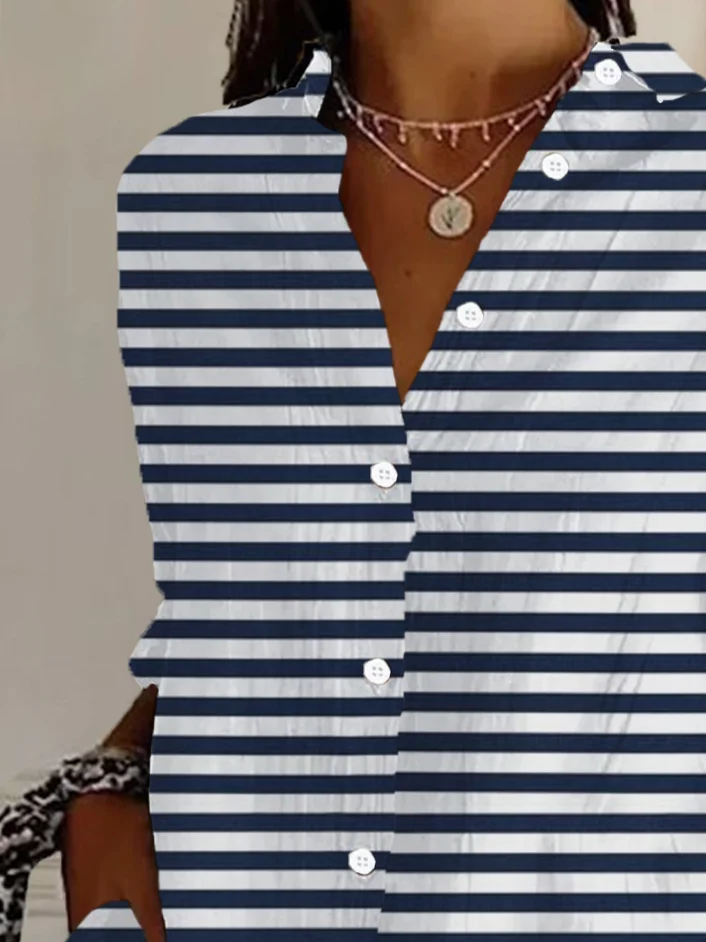 Shirt Collar Long Sleeve Striped Buckle Regular Loose Button Up Shirt Shirt For Women