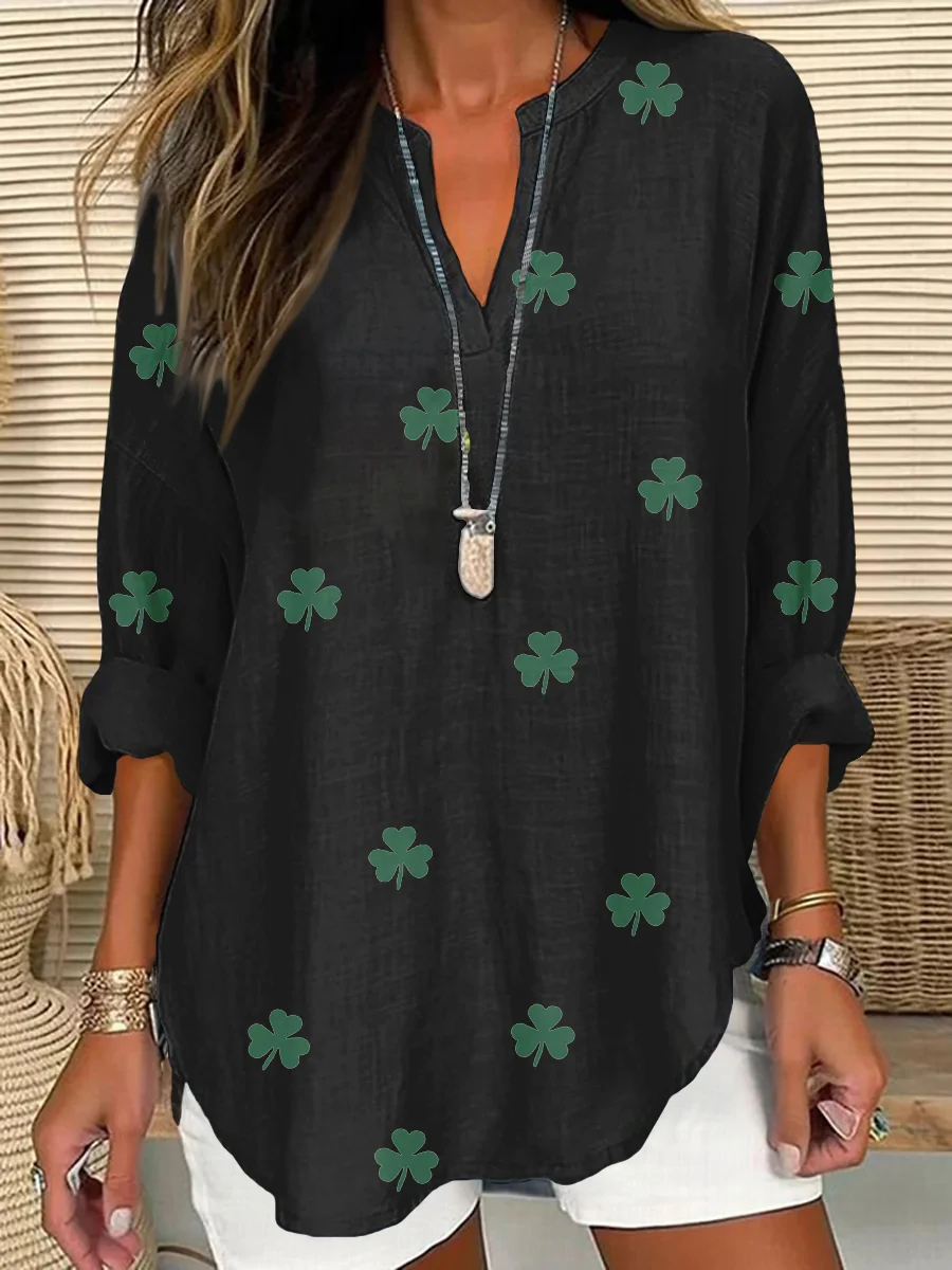 St. Patrick's Day V Neck Long Sleeve Shamrock Regular Loose Shirt For Women