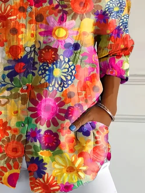 Colorful Floral Print Buckle Regular Loose Button Up Shirt For Women