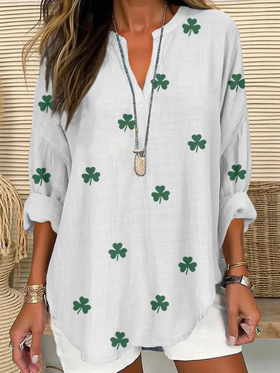 St. Patrick's Day V Neck Long Sleeve Shamrock Regular Loose Shirt For Women