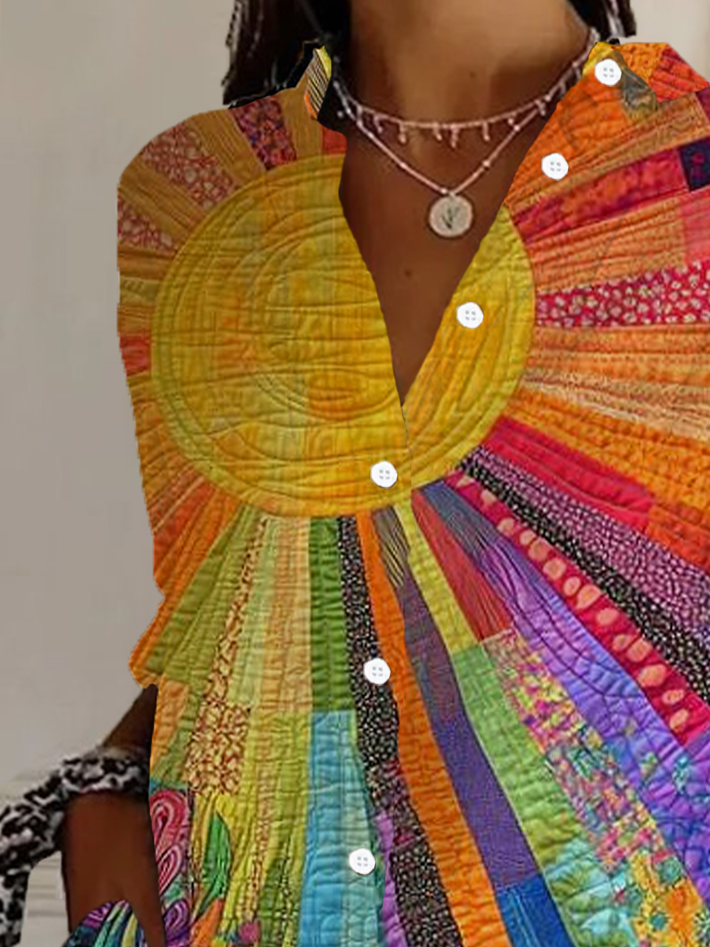 Long Sleeve Colorful Sun Collage Art Print Loose Button Up Shirt For Women