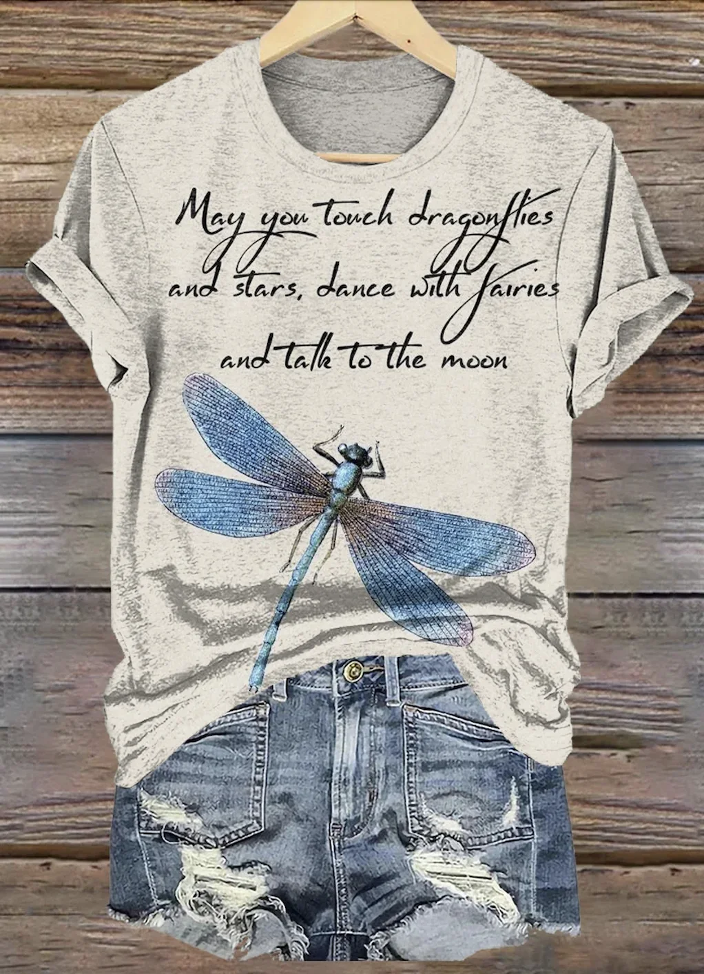 Casual Dragonfly Pattern Crew Neck Short Sleeve T-shirt