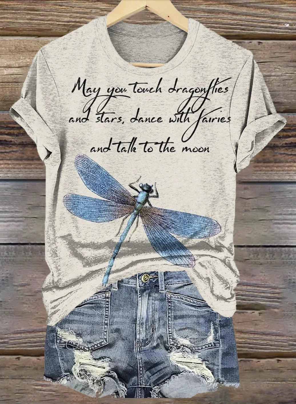 Casual Dragonfly Pattern Crew Neck Short Sleeve T-shirt