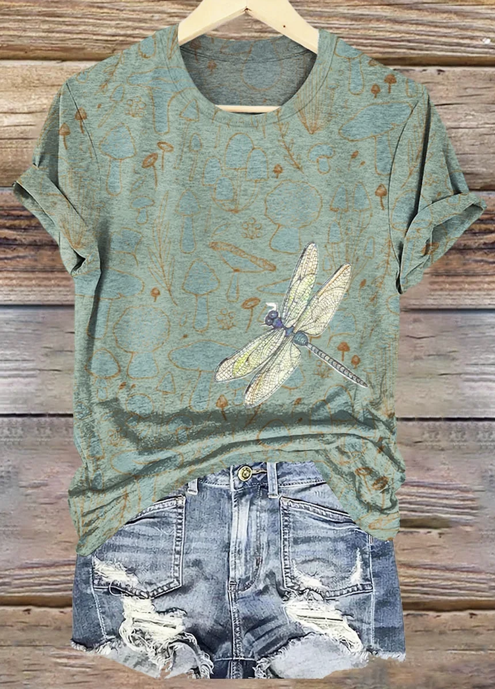 Casual Vintage Dragonfly Print Crew Neck Short Sleeve T-shirt