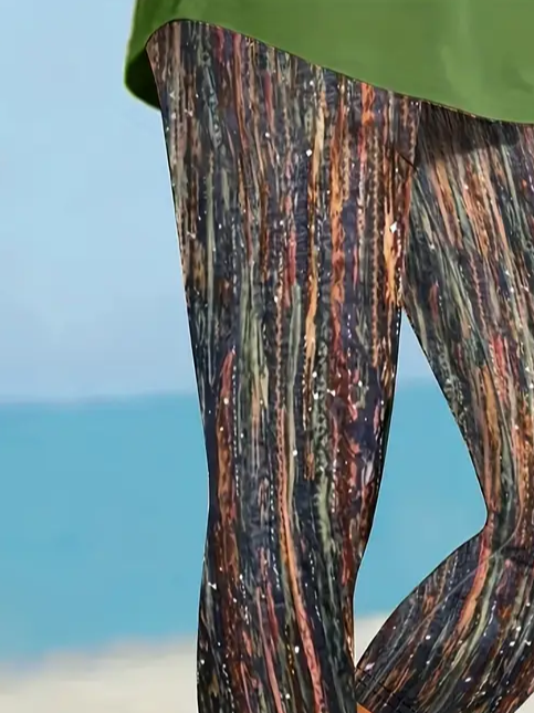 Casual Abstract Stripes Capris Elastic Waist Printing Leggings