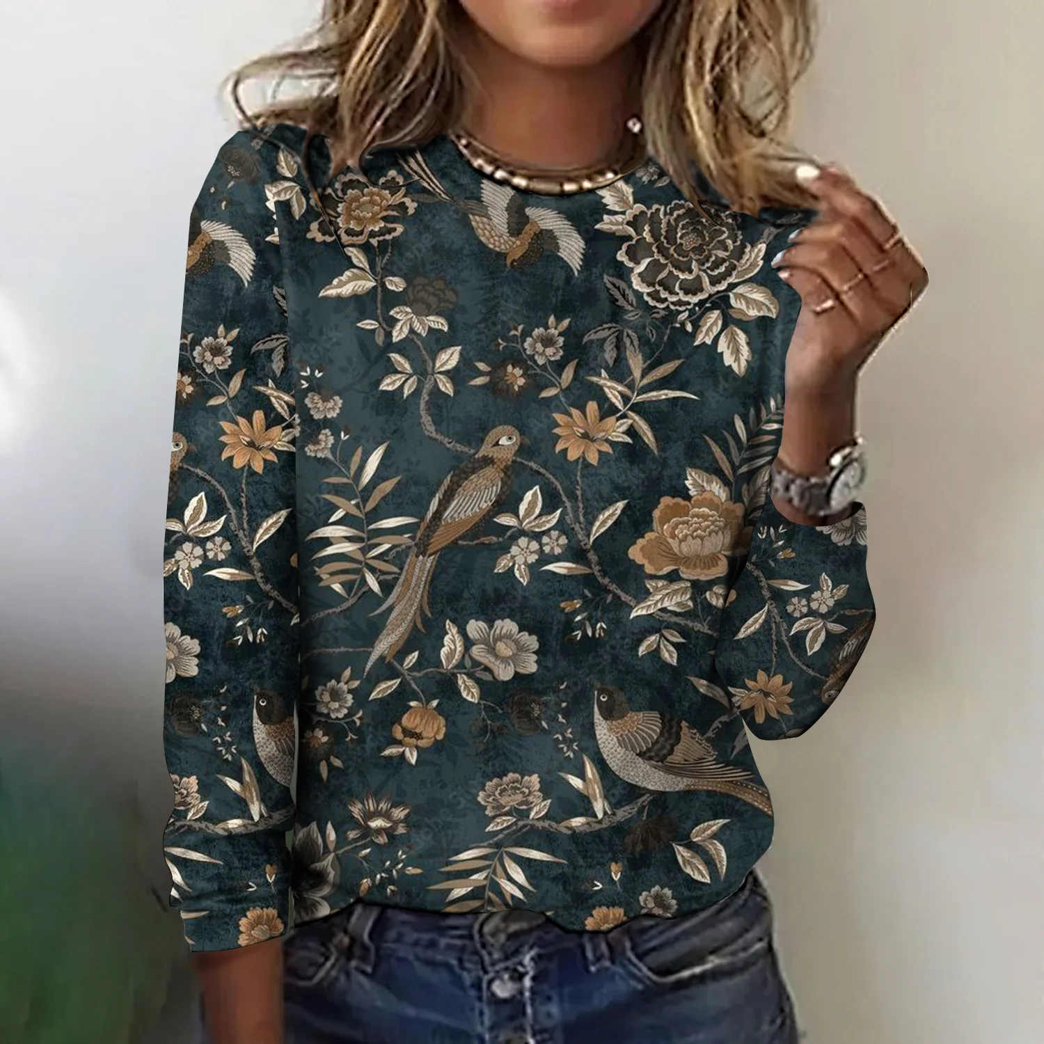 Vintage Plaid Crew Neck Long Sleeve T-shirt