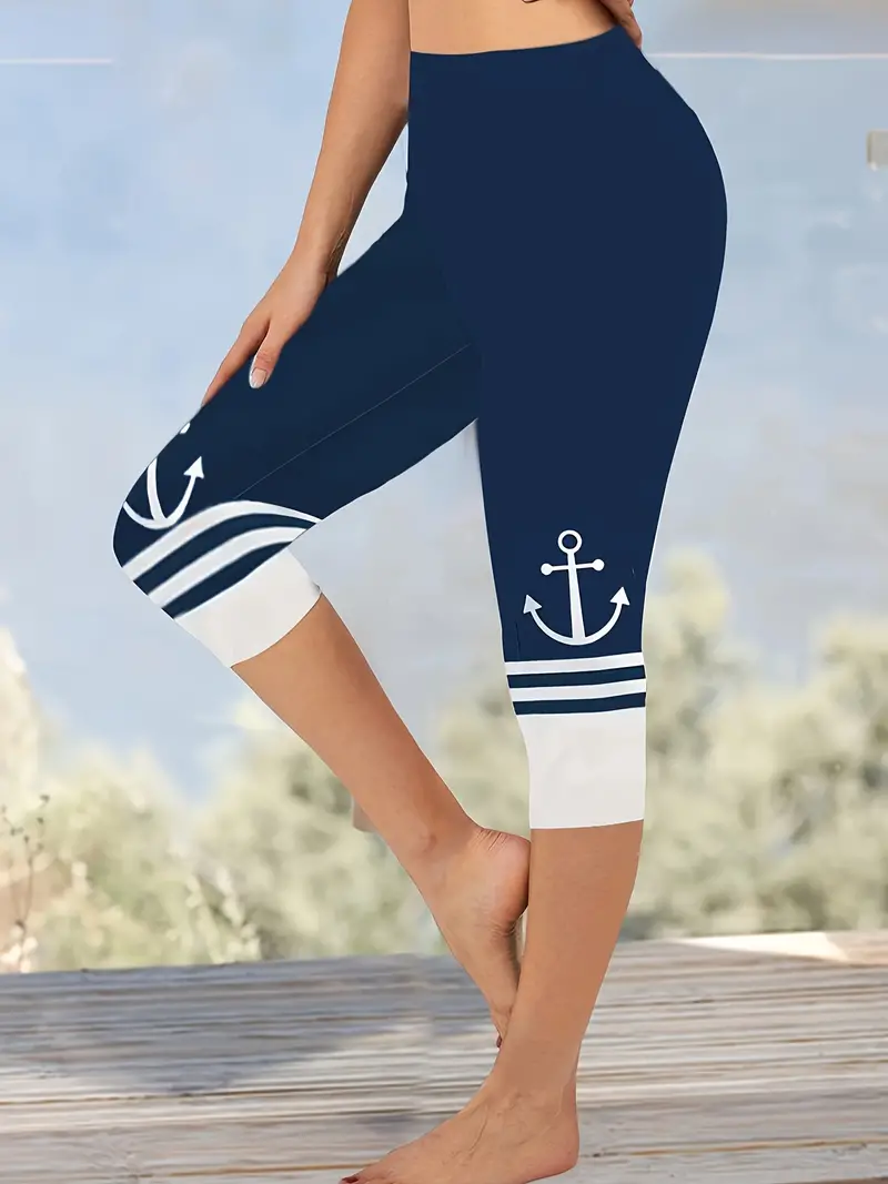 Casual Anchor Capris Elastic Waist Printing Leggings