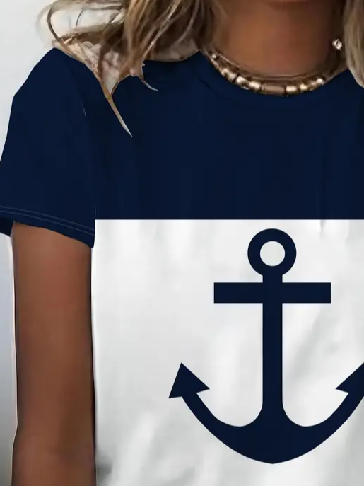 Casual Anchor Print Crew Neck Short Sleeve T-shirt
