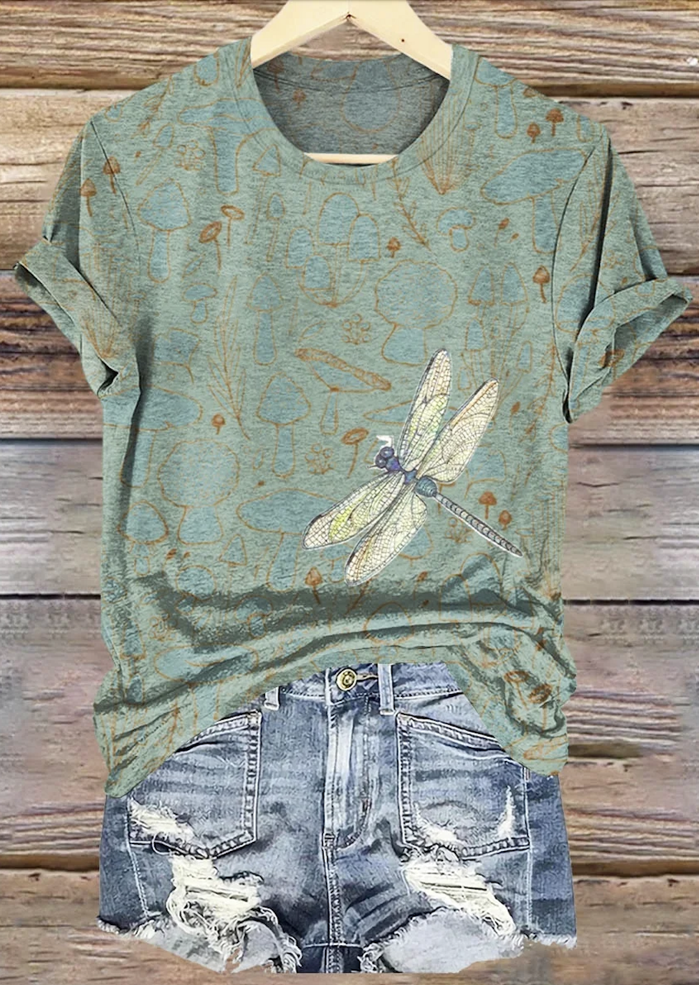 Casual Vintage Dragonfly Print Crew Neck Short Sleeve T-shirt